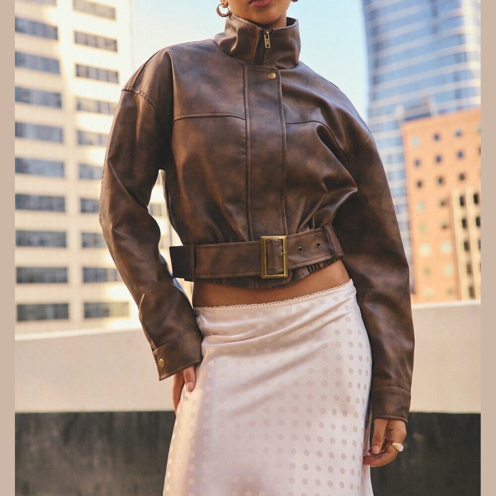 Brown Faux Leather Cropped Moto Jacket with Belted Waist